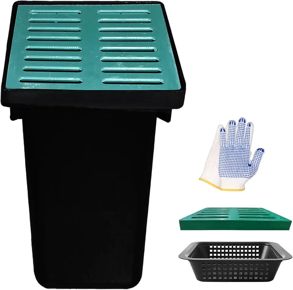 Large Drainage Catch Basin with Fiber Glass Grate and Debris Basket, French Drain Catch Basin with No Pre-Drilled Holes for Patios, Downspouts, Lawns, Municipal Plumbing (18x18x24 in)