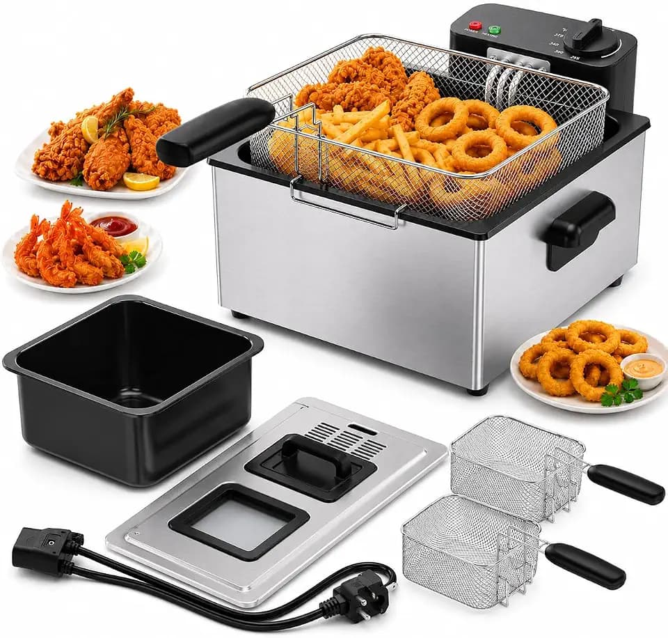 Simple Deluxe 5L 1800W Electric Deep Fryer, Viewing Window Lid and Cool-Touch Handle, 4 Temp Settings, Removable Basket, Auto Cut Off Safety Design, Stainless Steel Parts with Dishwasher-Safe, Silver