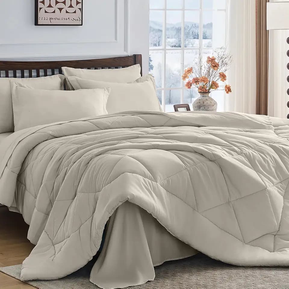 HEVUMYI 7-Piece California King Comforter Set, Linen Bed in a Bag