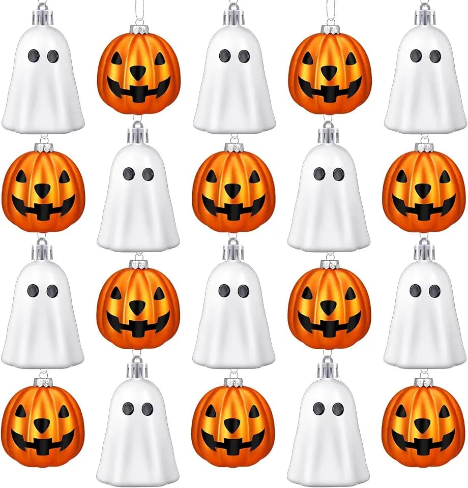 VioraWhite 20 Pcs Halloween Hanging Tree Ornaments Cute Sliver Ghost and Gold Pumpkin Lantern Decoration Mini Plastic Halloween Tree Home Decorations for Holiday Party Decor