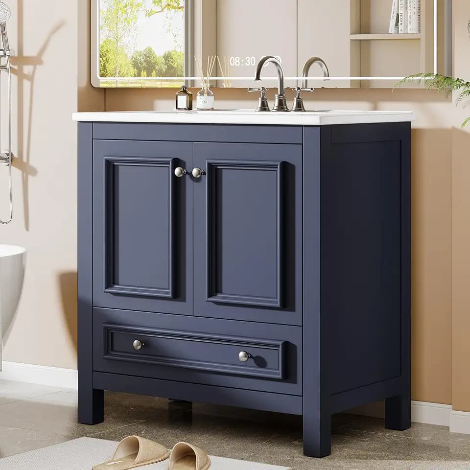 Tribesigns 30" Bathroom Vanity with Sink, Freestanding Bathroom Vanities Cabinet with Ceramic Basin Combo, Bathroom Sink Cabinet with 2 Doors and 1 Drawer, Solid Wooden Frame (Navy Blue, 30 INCH)