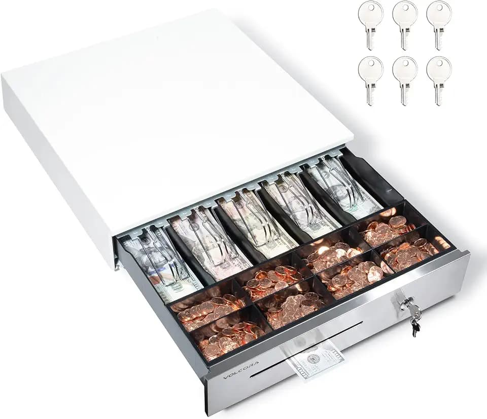 Volcora 16" Manual Push Open Cash Register Drawer for Point of Sale (POS) System - White and Stainless Steel Front Touch Panel - Durable with Removable Tray, 5 Bills and 8 Coin Slots, Key Lock