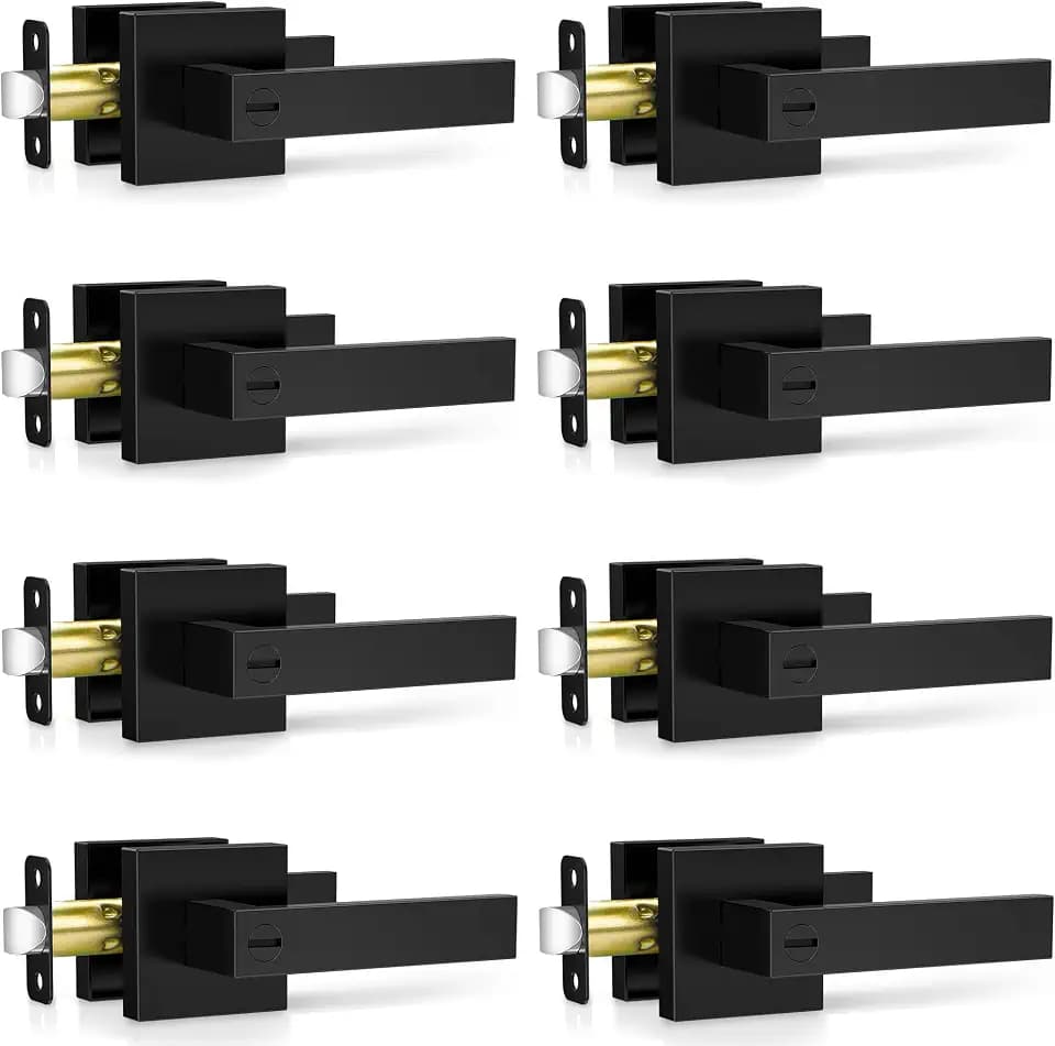 Plustool 8 Pack Matte Black Door Handles Interior, Keyless Interior Door Knobs, Privacy Door Locks for Bedroom Bathroom, Heavy Duty Square Door Lever Locksets, Reversible for Left&Right Handled Doors