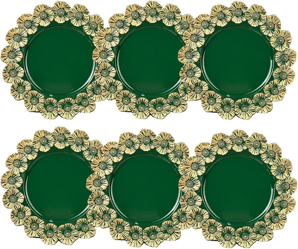 Green Charger Plates with Flower Rim, 13" Round Charger for Dinner Plates, Set of 6 Plastic Plate Chargers for Halloween, Thanksgivng, Christmas.