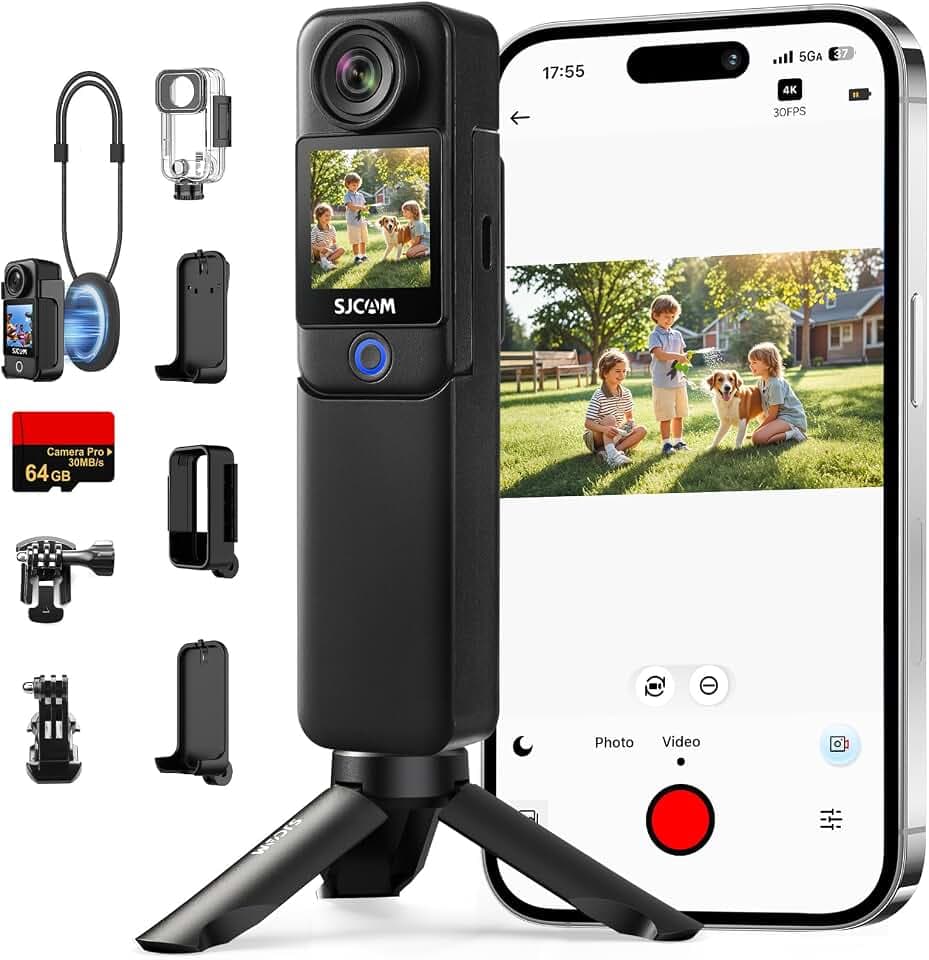 SJCAM C300 Vlog Combo (64GB),4K/30FPS Vlog Kamera mit 7 Std. Akkulaufzeit | 6-Achsen-Stabilisierung Action Cam,Dual Touchscreen,154° Weitwinkel,für YouTube & Alltags-Videos-Schwarz