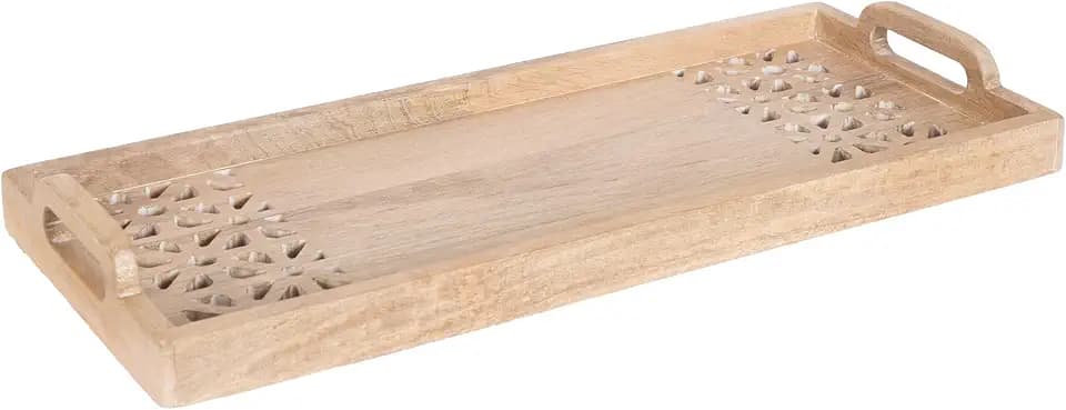 Kate and Laurel Rodcliff Modern Mango Wood Rectangle Tray with Handles, 10 x 24, Light Natural, Transitional Lattice Carved Rectangular Tray for Use as Entryway Tray Decor or Ottoman Serving Tray
