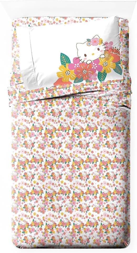 Jay Franco Sheet Set with Fitted, Flat Sheets & Pillow Cover - Ultra-Soft Bedding with Pillowcase for Room Decor, Multi - Hello Kitty, 3 Piece Twin