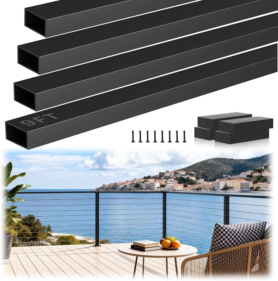 9FT Aluminum Black Cable Railing Handrail with POM Connector, 4 Pack Rectangular 3mm Thick Deck Handrail for Indoor Outdoor Coastal Cable Railing System, Cuttable Flat Top Hand Rail with Screws