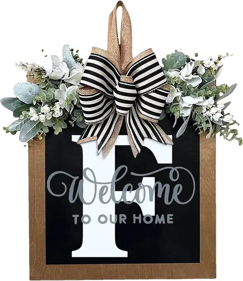 Last Name Year Round Front Door Wreath Front Porch Decoration 26 Letter Welcome Sign with Eucalyptus Garland and Bow Spring Wreaths for Front Door Outside Hanger Garland(F)