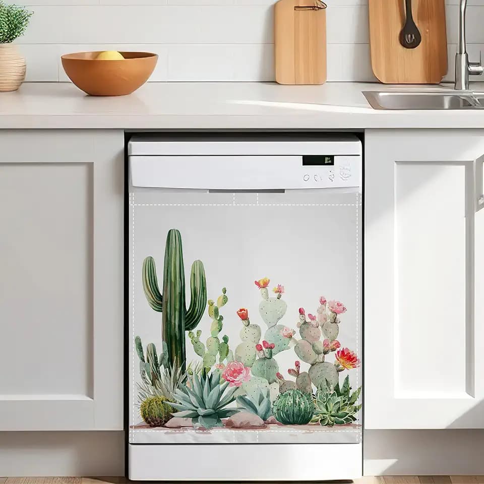 Cactus Magnetic Dishwasher Cover,Succulent Flowers Removable Waterproof Dishwasher Front Panel Sticker,Decorative Refrigerator Cover for Kitchen Decor,23x26 in