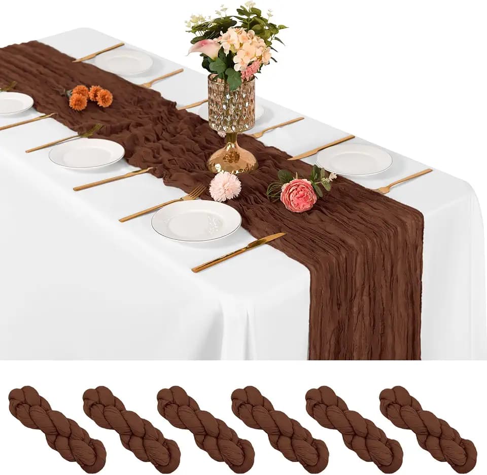 6 Pack Brown Cheesecloth Table Runner 17x108 Inch Boho Gauze Fabric Table Runners for Wedding Party Baby Shower Home Decor