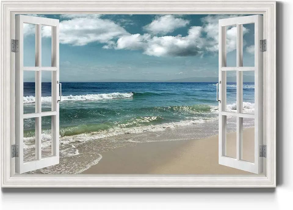 Renditions Gallery Canvas Nature Wall Art Home Paintings & Prints Artwork Cloudy Ocean Beach Sky Glam Romantic Window View Modern Decorations for Dining Room Office Kitchen - 24"x36" LT21