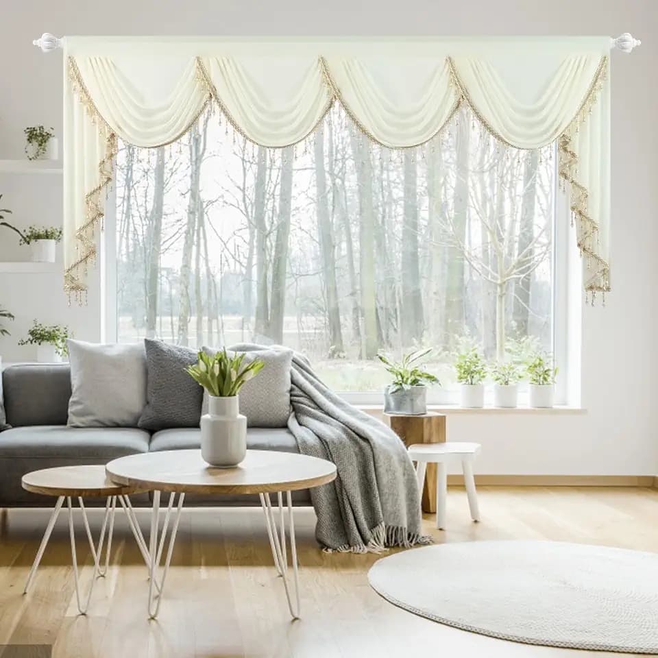 Leeva Elegant Voile Valance, Retro Waterfall Swag with Crystal Accents, 110" Wide Airy Sheer Curtain for Cathedral Windows & Church Event Decor