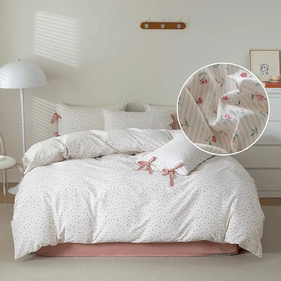 Botanical Floral Comforter Set Full Size Fluffy Cozy Comforter with Pink Flower Stripes Pattern Garden Floral Coquette Bedding Comforter Set for All Seasons Girls Women Flowers Comforter for Full Bed