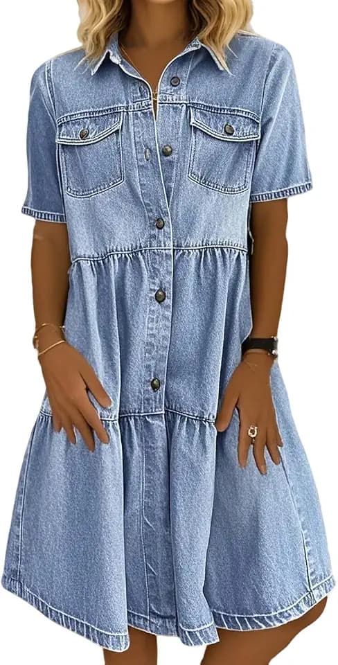 chouyatou Women Summer Casual Button Down Midi Denim Shirt Dress Cute Distressed Tiered Ruffle Jean Dress