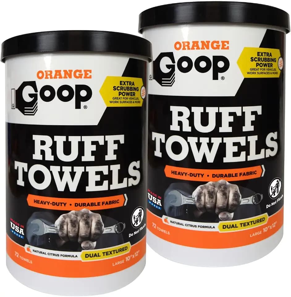 GOOP Orange Heavy Duty Ruff Towels with Scrubbing Power, 10” x 12” Dual Textured Multi-Purpose Cleaning Wipes, Removes Dirt, Grease, Oil, 72 Count (Pack of 2)
