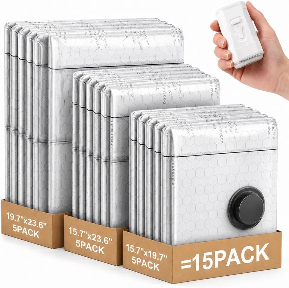 Vacuum Storage Bags with Rechargeable Air Pump, 15 Pack Vacuum Seal Bags for Clothing Travel, Space Saver for Clothes, Bedding, Pillows, Seasonal Storage