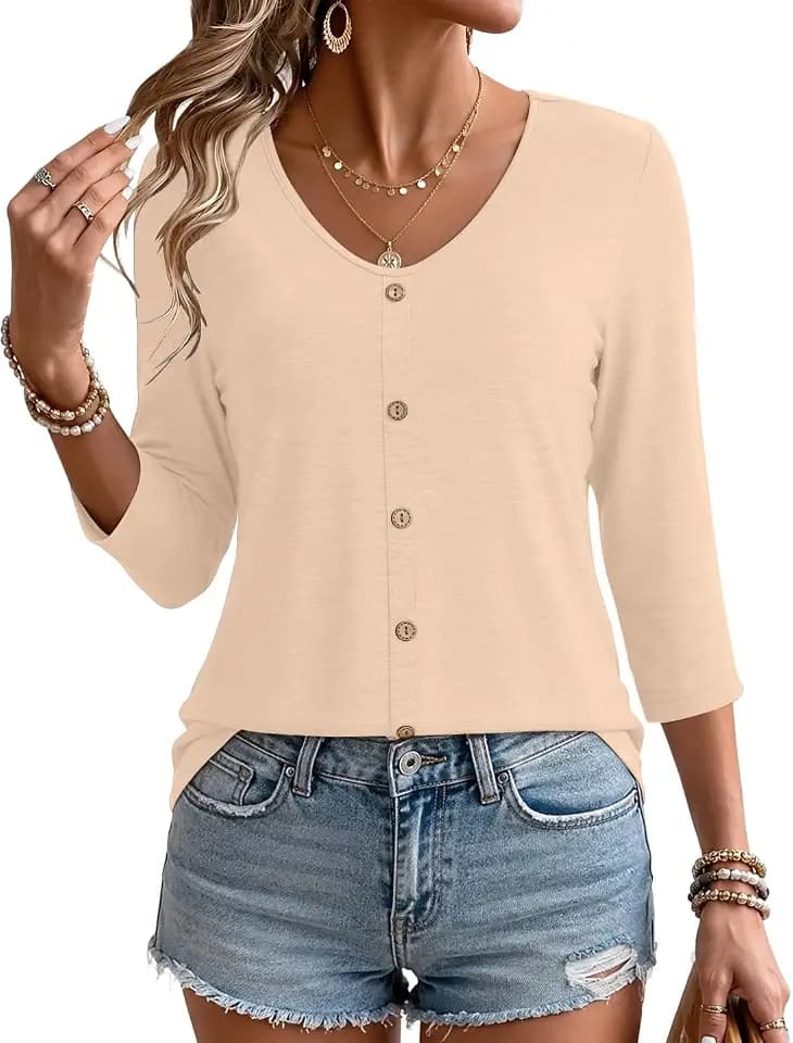 Womens 3/4 Sleeve Tops Button Front Shirts Casual V Neck Blouses Fall Tunic