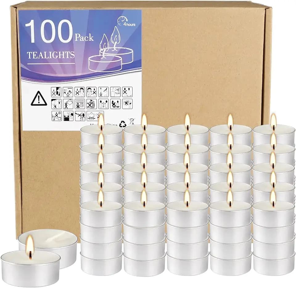 100 Pack Unscented Tea Lights Candles, 4+Hour Clean-Burning Votive Smokeless White Tea Candle in Aluminum Cups for Wedding, Party, Shabbat, Home Décor & Emergency