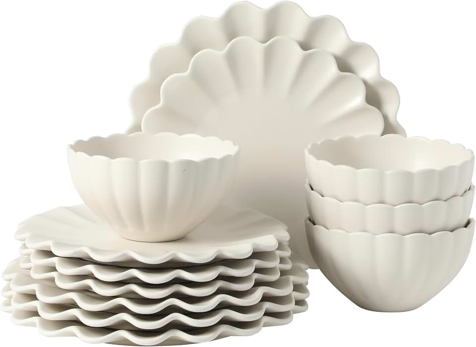 Gibson Elite Bistro Fleur Plates and Bowls Sets, 12-Piece Stoneware Dinnerware Set for 4, Ivory White Scalloped Dish Set with Dinner Plates, Salad Plates & Bowls