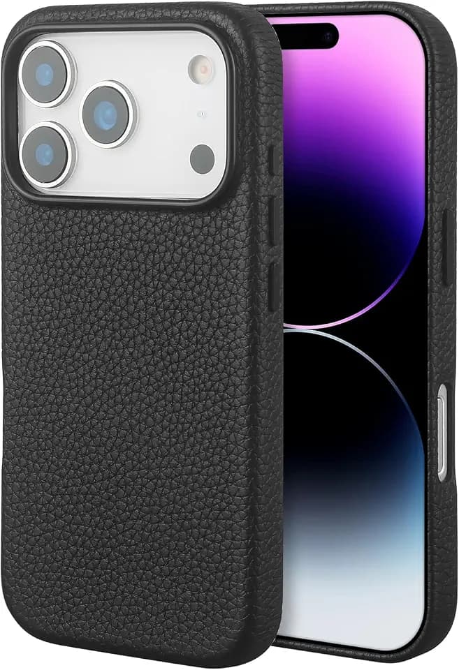 InUnion Compatible with iPhone 17 Pro Leather Case – Premium Litchi Grain Real Leather Cover Compatible with MagSafe, Slim Protective Case with Soft Microfiber Lining, Shockproof, 6.3 inch Black