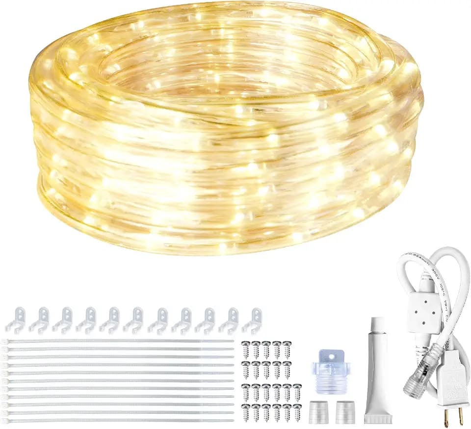 SURNIE LED Rope Lights Outdoor Warm White, Waterproof 18FT Cuttable 3000K Soft Lighting Indoor 110V Flexible Clear Tube for Bedroom Outside Garden Deck Patio Camping Decor, Not Flat Strip