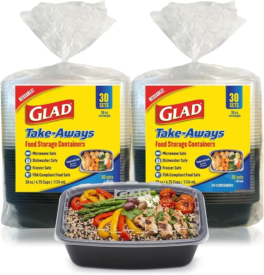Glad Take-Aways 60-Pack Snap-Seal, Dishwasher and Freezer Safe, Reusable Food Storage Bento Box, Meal Prep Containers, Made in North America (38 oz, BPA Free)