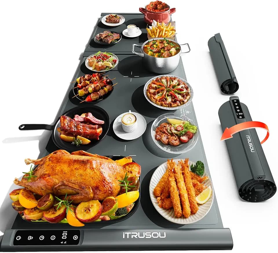 Expandable Warming Mat for Food – iTRUSOU 42"x16" Extra Large Electric Warming Tray with 7 Temp Settings, Switchable ℃/℉, 99H Timer, Child Lock – 2 Panels Custom Sizes for Energy Efficiency