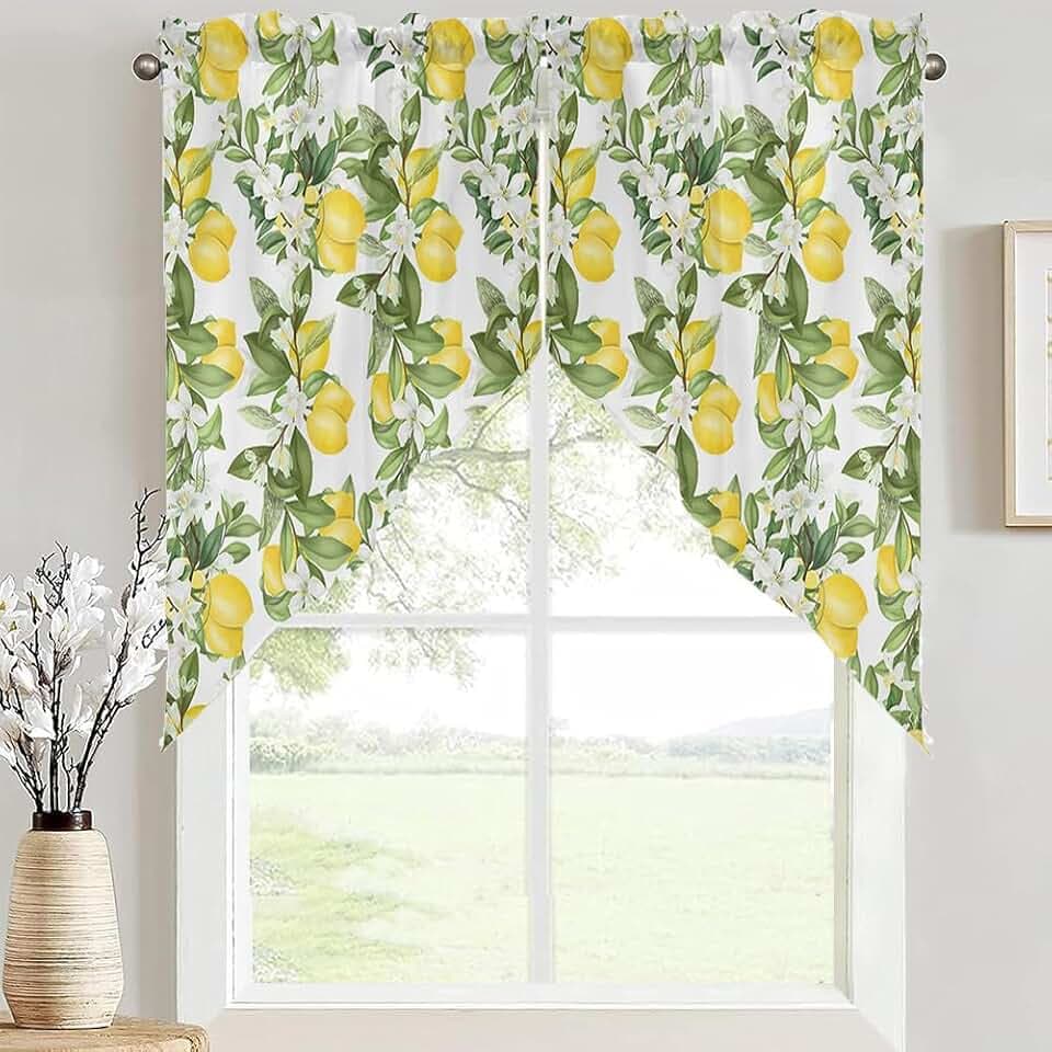 Lemon Swag Curtain Valance for Kitchen, Primitive Berries Light Filtering Rustic Farmhouse Short Swag Topper for Windows Bedroom Bathroom Privacy Added Rod Pocket Design, 28" Wx36 L-2 PCs