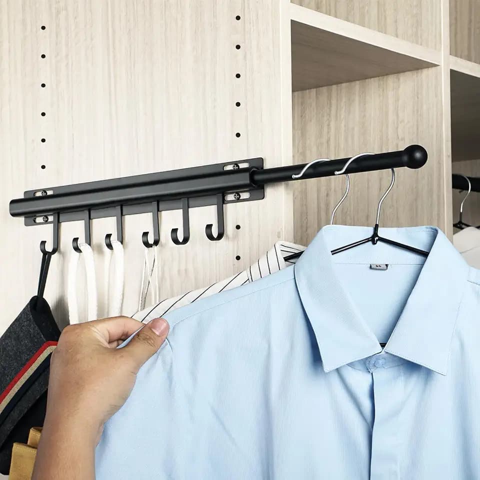 BaiNong Valet Rod for Closets Pull Out 16.5" Black with 6 Hooks