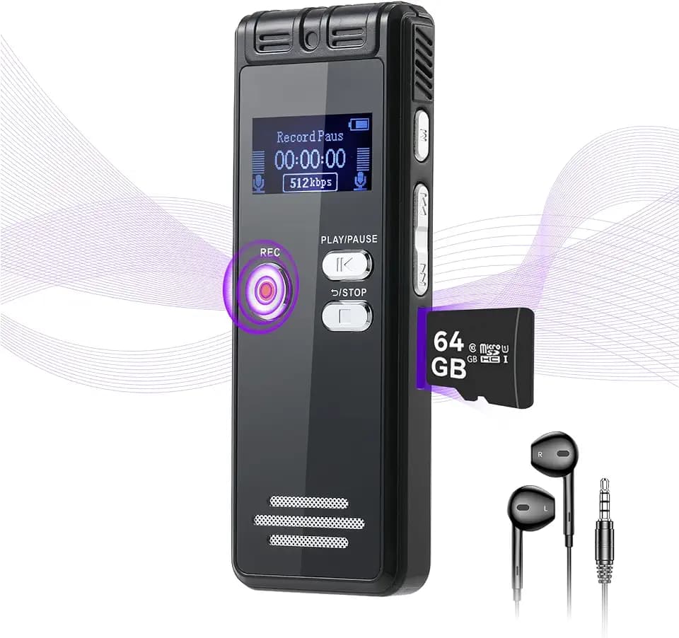 64G Diktiergerät Aufnahmegerät Digital Voice Recorder, 1536kbps HD Magistaufnahme mit Wiedergabe, Type-C Interface Tonbandgerät, One-Touch Dual MIC, Sprachrekorder für Vortrag, Interview, Meeting