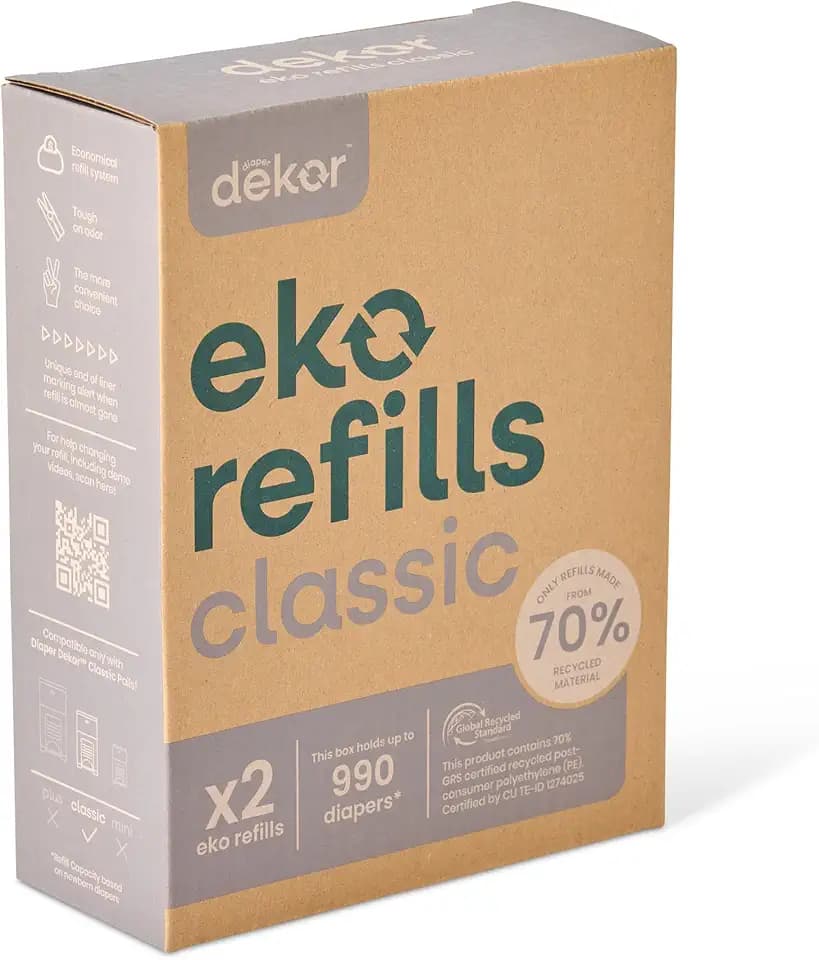 Diaper Dekor CLASSIC Diaper Pail Refills 2 Count Unscented Exclusive End-of-Liner Marking Quick & Easy to Replace Most Economical Refill System for Original and Eko Style Pails