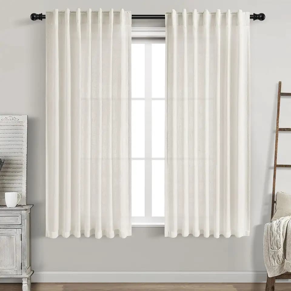 Cream Linen Back Tab Curtains 63 Inch Length for Living Room 2 Panel Set Neutral Modern Farmhouse Window Curtain Privacy Semi Sheer Linen Drapes Rustic Pinch Pleated Look Curtain Natural Ivory
