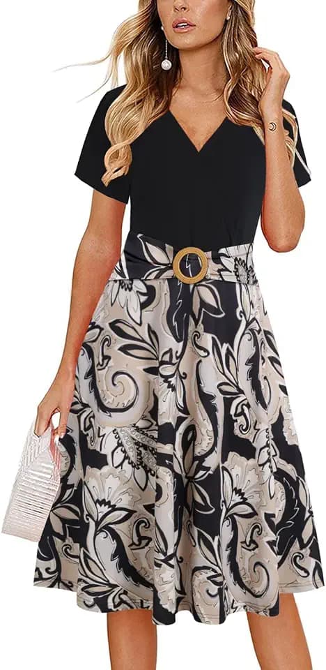Women's Elegant Criss-Cross V Neck Vintage Short Sleeve Work Casual Fit and Flare Tea Dress with Pockets 980
