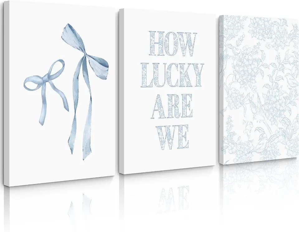 Light Blue Bow Floral Wall Art Preppy Coquette Canvas Wall Decor Aesthetic Trendy Poster Blue Bow Picture Chinoiserie Flower Painting How Lucky Are We Prints for Dorm 16x24 Inch Ready to Hang Set of 3