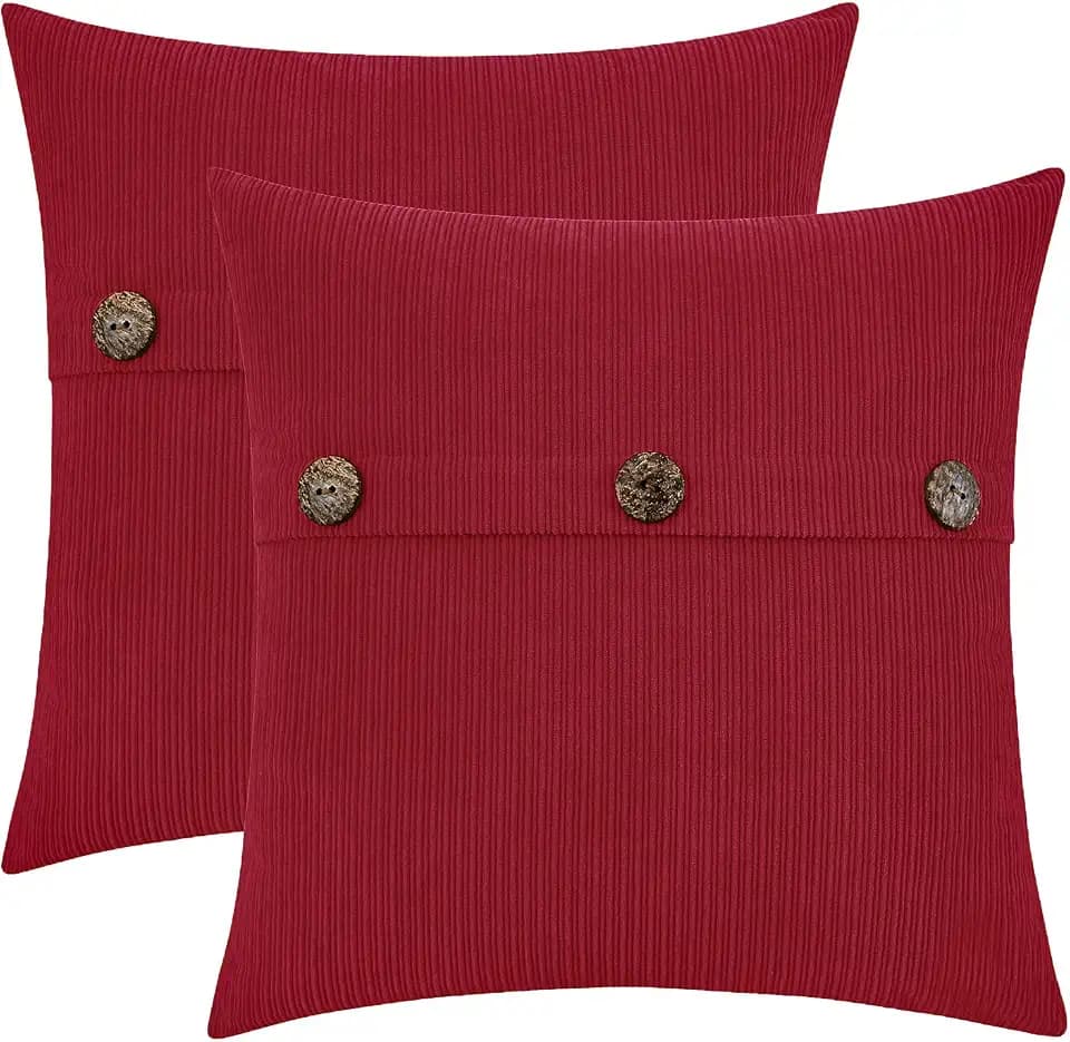 HWY 50 Red Chenille Throw Pillow Covers 18x18 Inch Buttons Pack of 2
