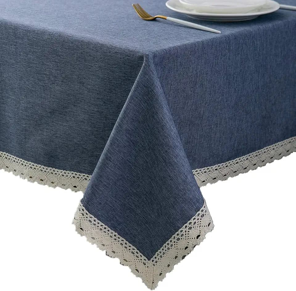 EHouseHome Faux Linen Tablecloth with Lace Trim - Waterproof/Spill Proof/Stain Resistant/Wrinkle Free/Oil Proof - for Banquet, Parties, Dinner,Wedding,Holiday,Denim Blue Rectangle 60x102Inch
