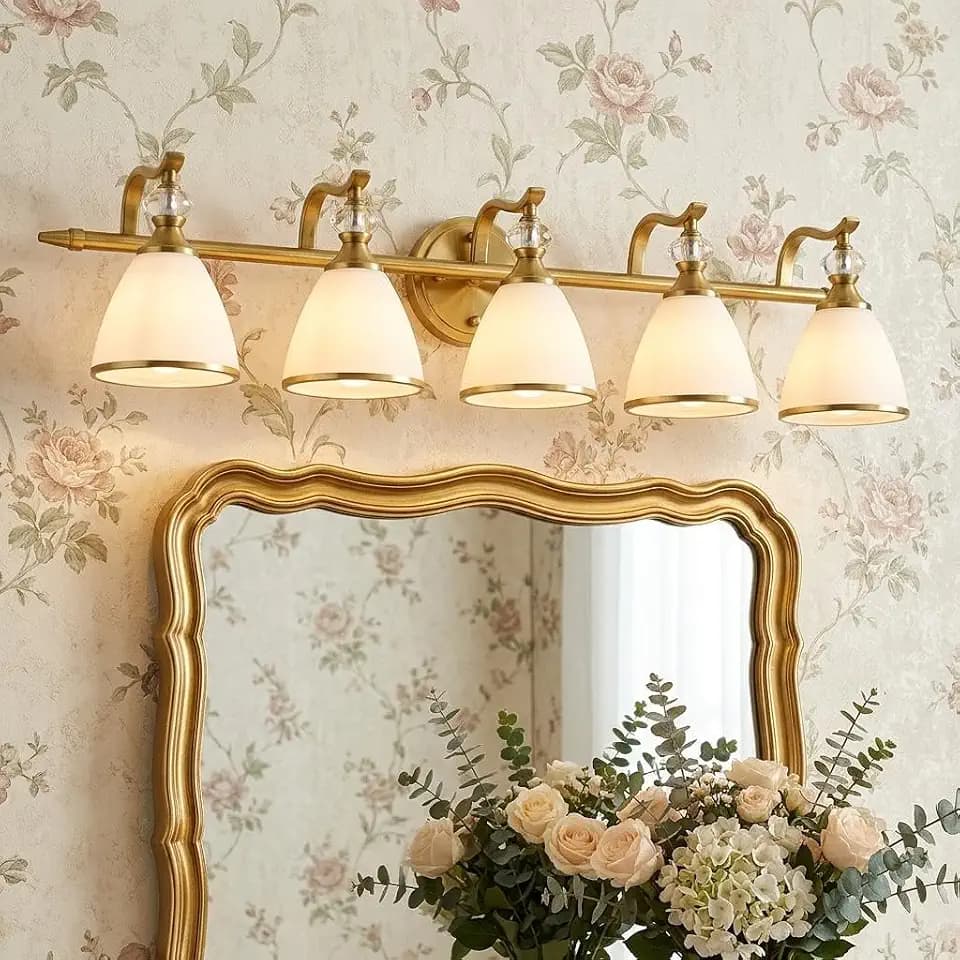 ANDY STAR Gold Bathroom Light Fixture, 5-Light Bathroom Wall Sconces, 35 inch Brass Vanity Light with Milky White Frosted Glass Shade, Large Vintage Wall Lights for Spacious Rooms