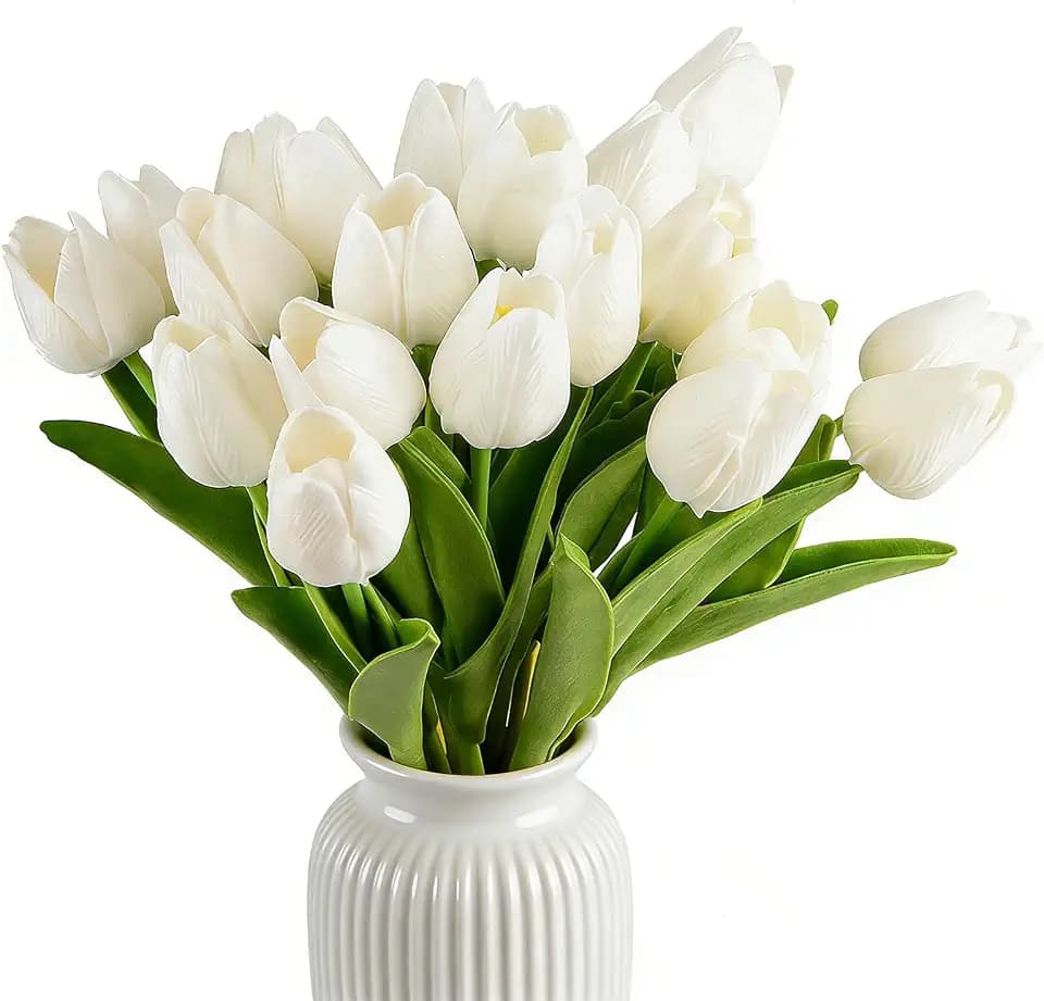 White Artificial Tulips, 20-Pack Real Touch Faux Flower Bouquet
