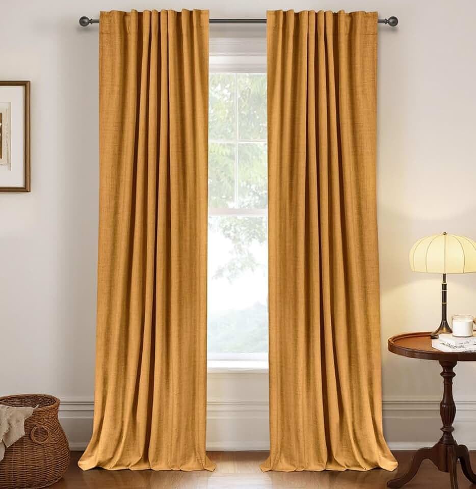 Faux Linen Total Blackout Curtains for Bedroom 96 Inch Long Mustard Yellow