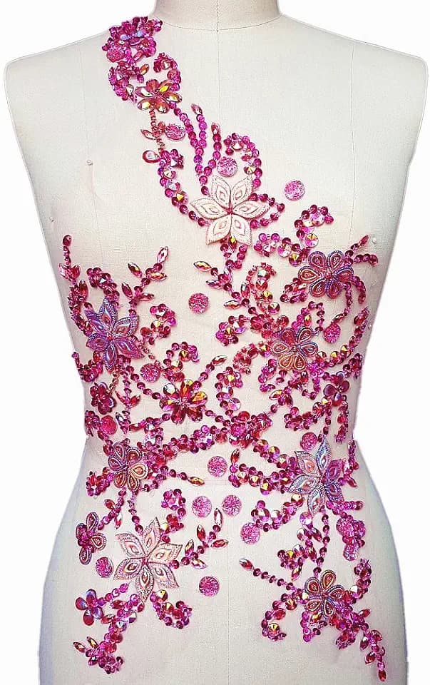 Noble Pure Handmade Beaded Crystal Rose Red AB Patches Sew on Rhinestones with Stones Sequins Beads Applique Designs Patches Sewing for DIY Wedding Dress Trim 30x60cm (Pink)