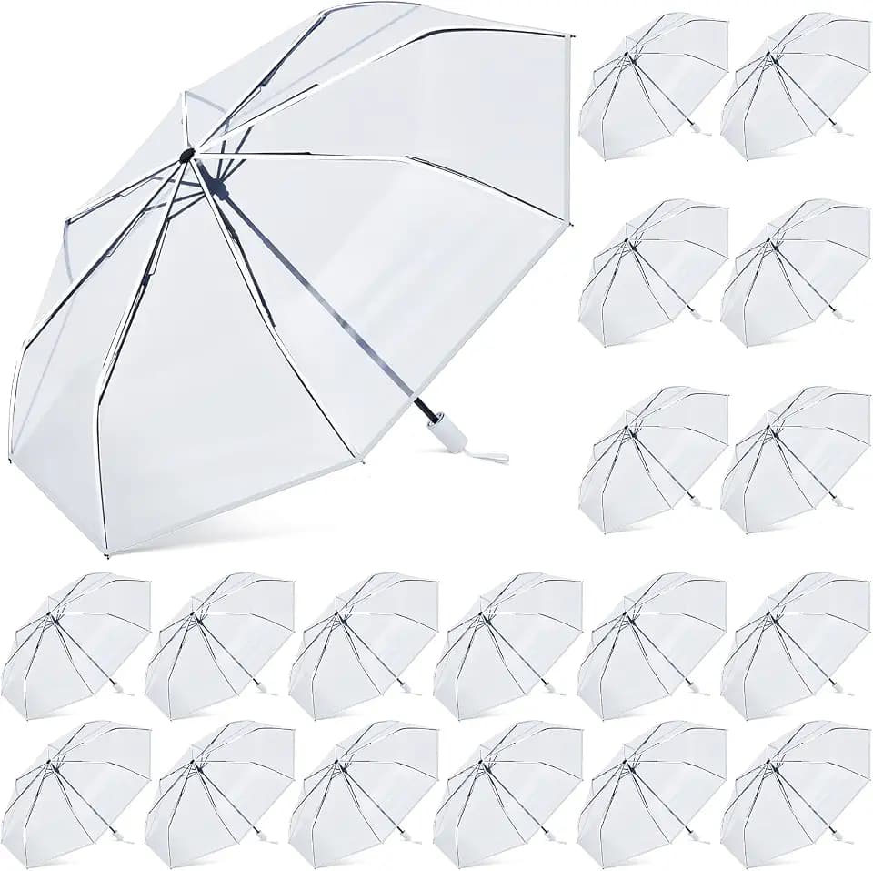 Fabbay 18 Pcs Clear Wedding Umbrellas Bulk Transparent Travel Umbrella Foldable Clear Umbrella Manual Open and Close Compact Folding Umbrella for Wedding Anniversary Christmas Party Favors