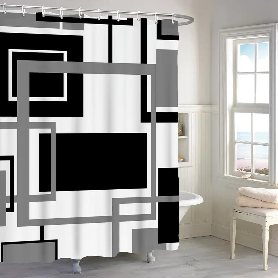 Renaiss 72x72 Inch Modern Geometric Shower Curtain Black and Grey Abstract Geometric White Shower Curtain for Modern Bathroom Decor Fabric Cloth Polyester Waterproof Set with Hooks