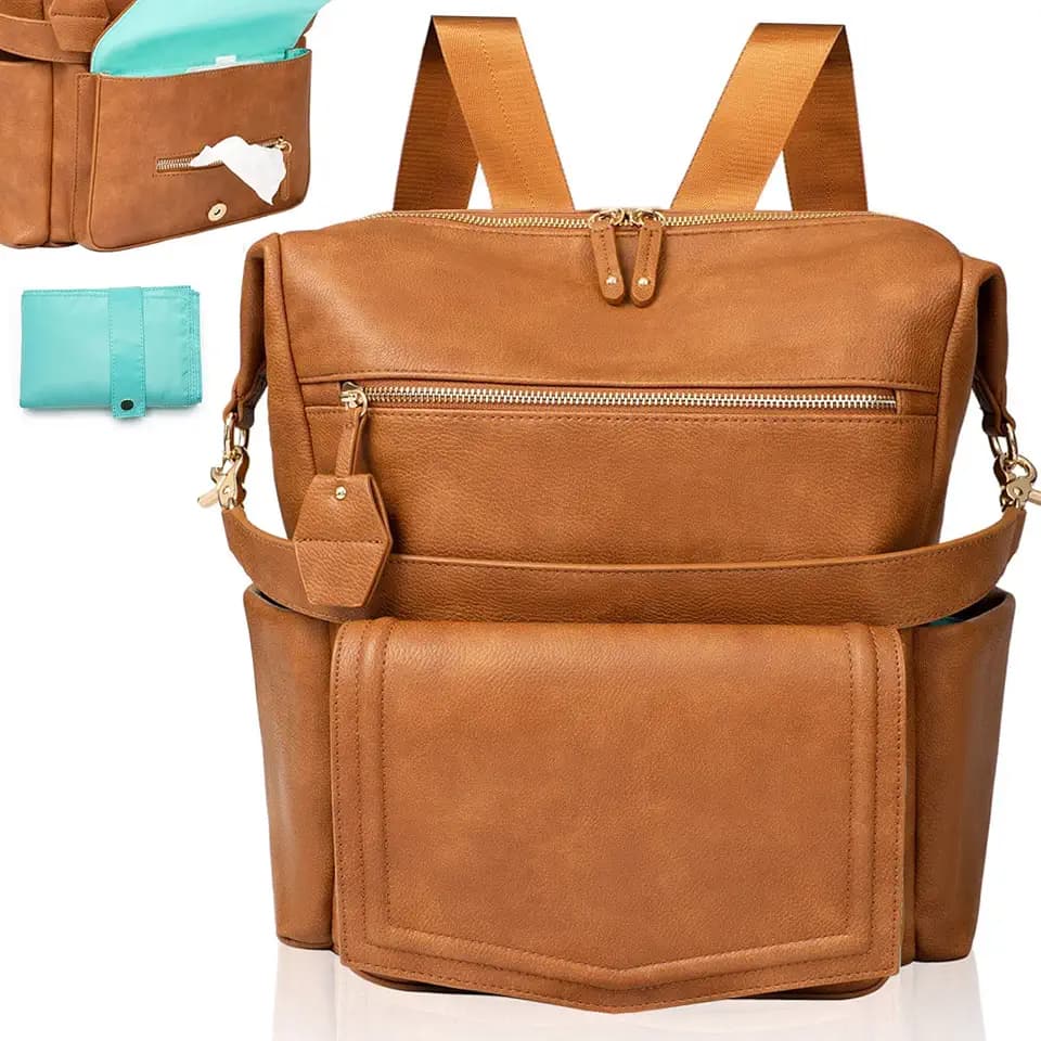MOMINSIDE Diaper Bag Backpack Leather Convertible Baby Backpack Diaper Bag Hobo, Large Mom Baby Bag Hospital Bag,14 Pockets,Brown
