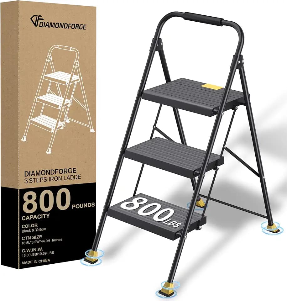 DIAMONDFORGE 3 Step Foldable Step Ladder with Handrails for Home Adults, Iron, Black, Tall Extension Heavy Duty 800 lbs Stool for Indoor Kitchen & Closet