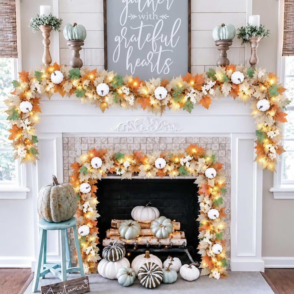 CQURE 4 Pack Fall Leaf Garland with Lights, Total 23.6Ft Artificial Fall Maple Leaves Autumn Vines Garland with LED Lights Thanksgiving Decor for Home Fireplace Party