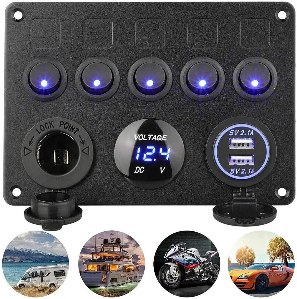 12V/24V Schalter Panel ON-OFF Kippschalter Panel IP65 Wasserdichte Dual-USB-Ladegerät LED Voltmeter Zigarettenanzünder 5 Kippschalter EIN/AUS für Auto Boot SUV Lkw Yacht RV Camper Baufahrzeug (Blau)