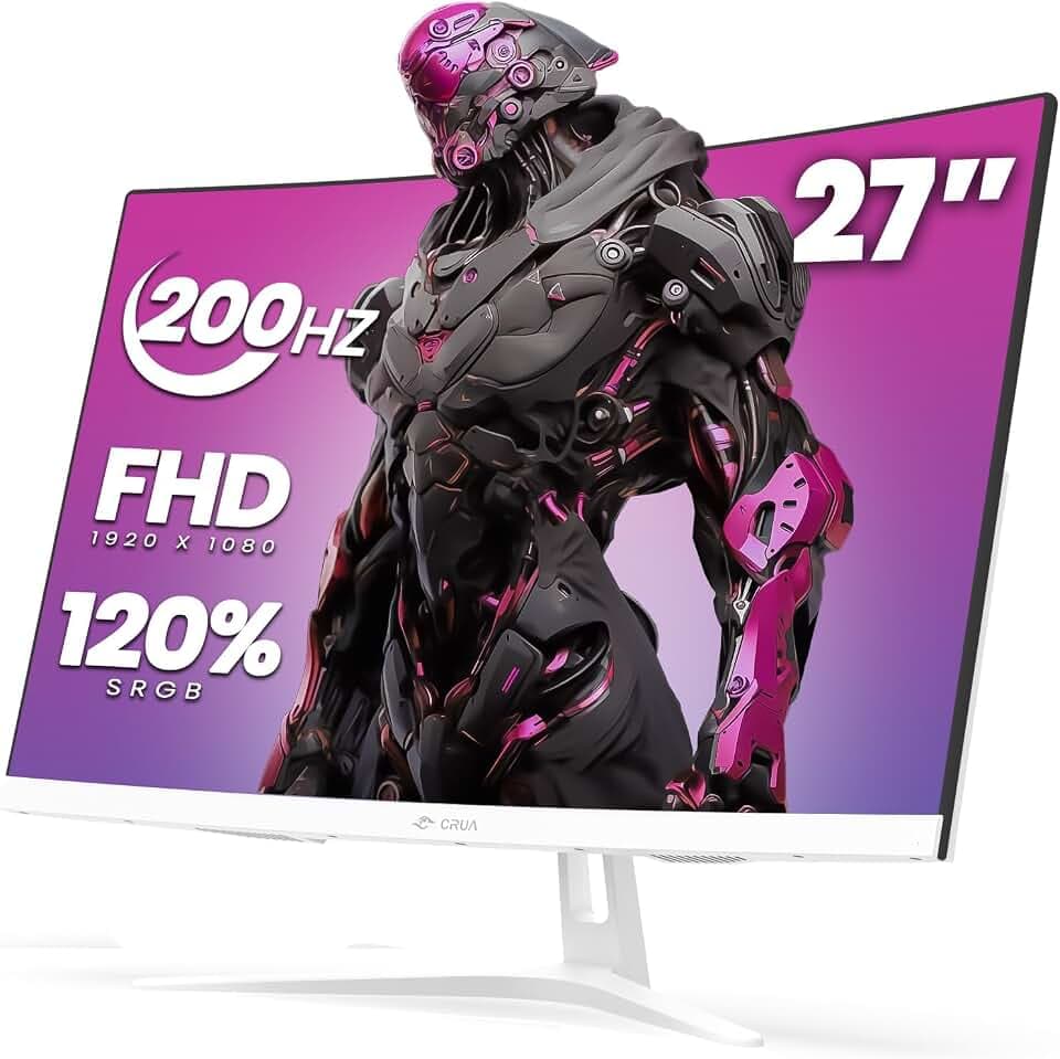 CRUA 27" Curved Gaming Monitor, 165 Hz/200 Hz FHD 1920 x 1080 VA-Display, 1800R-Bildschirm, 120% sRGB, AMD FreeSync, Blaulichtfilter, HDMI & DP, Weißer PC-Monitor für Gaming, Streaming & Arbeit