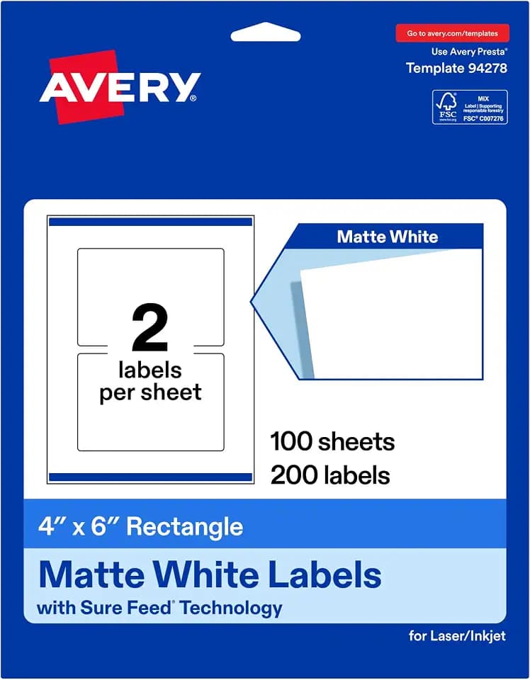 Avery Matte White Rectangle Labels, Sure Feed Technology, 4" x 6", 200 White Labels, Print-to-The-Edge, Permanent Adhesive, Laser/Inkjet Printable