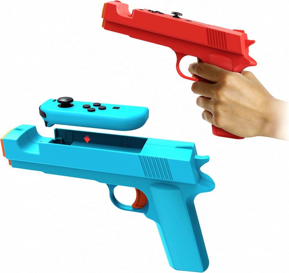 2er Pack Game Gun Griff für Nintendo Switch/Switch OLED Joy-Cons, Controller Halterung für Shooter & Jagdspiele wie Wolfenstein II (Blau + Rot)